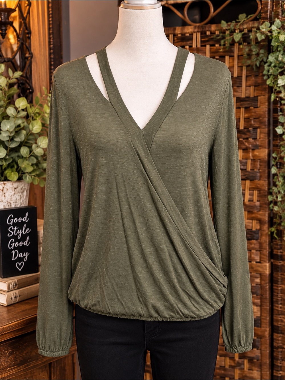 White House Black Market Olive Green Wrap-Front Long Sleeve Top